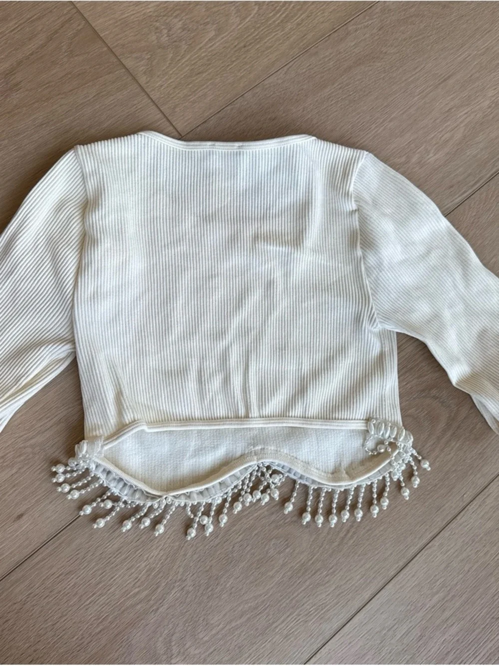 Zara Cream Ribbed Long-Sleeve Crop Top with Beaded Fringe